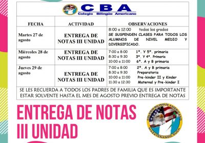 ENTREGA DE NOTAS III UNIDAD CICLO ESCOLAR 2019